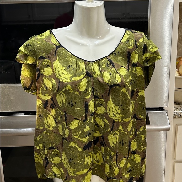 Kenar 100% silk fabric top fabric color is a blend of greens with black accents. - Picture 3 of 12